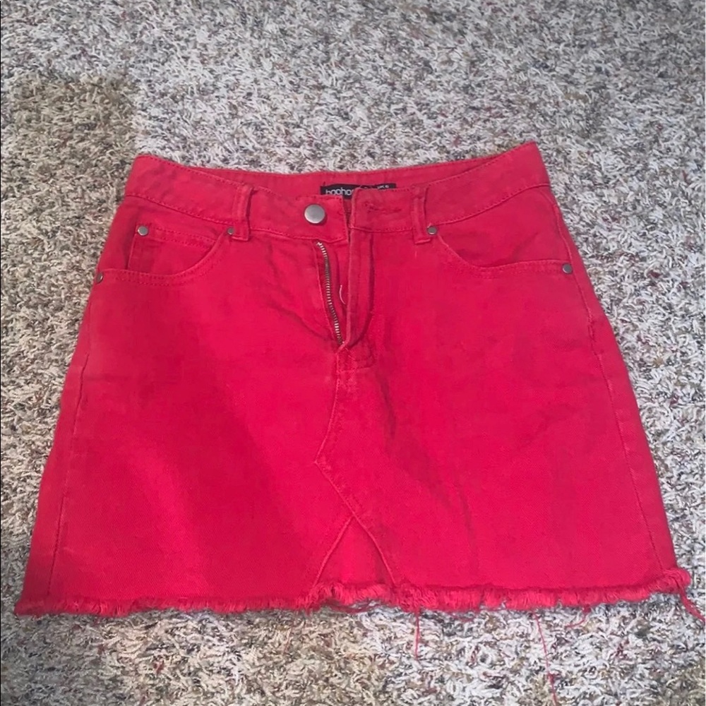 Red denim mini skirt